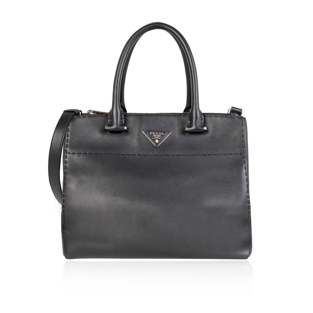 Prada Black City Calf Leather Twin Pocket Stitch Tote